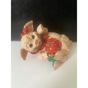 Enesco 1995 Kathy Wise Pig With Poinsettia Christmas Figurine